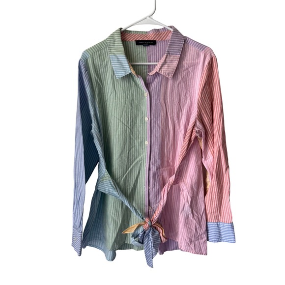 Tommy Hilfiger Tops - Tommy Hilfiger Pastel Colorblock Striped Tie Front Button Down Shirt XL Womens